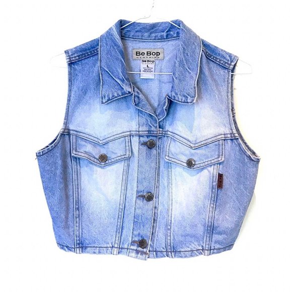 Be Bop Clothing 90s Vintage Cropped blue denim jean vest battle jacket metalhead - Picture 1 of 4
